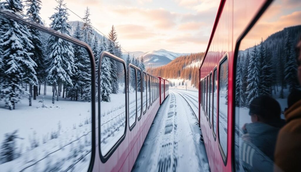 Tåg på väg genom snöigt landskap mot Sälen