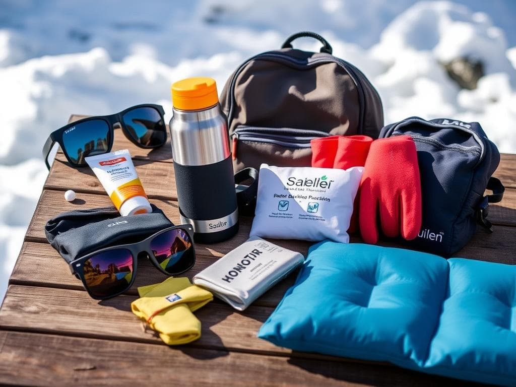 Viktiga tillbehör för skidåkning i Sälen som solglasögon, solskydd, termos och ryggsäck