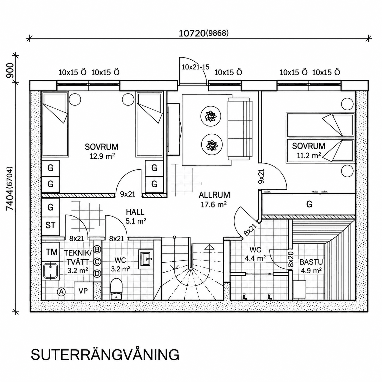 Detaljerad planritning av suterrängvåning för Salengodset, inklusive sovrum, allrum, badrum och teknikutrymme.