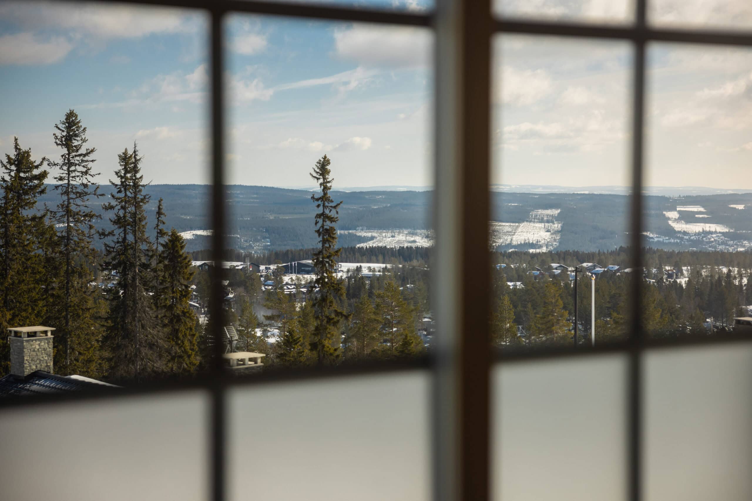 Utsikt över snötäckta landskap och skogar sett från ett fönster med rutnät i Sverige.