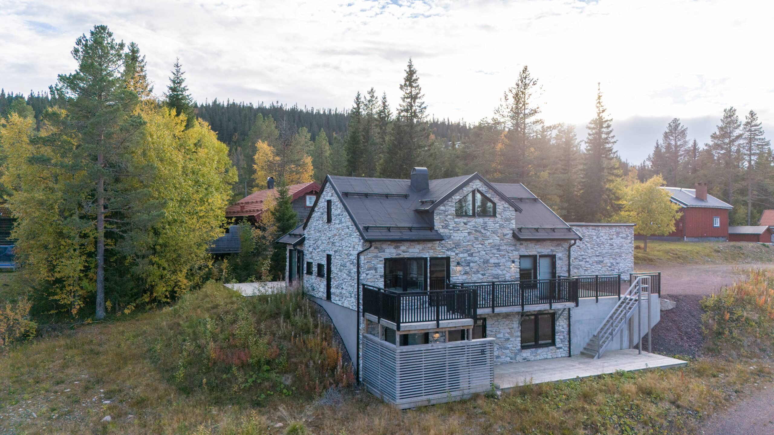 The house with its patio and the steps leading down to the road, surrounded by a mountain birch forest.