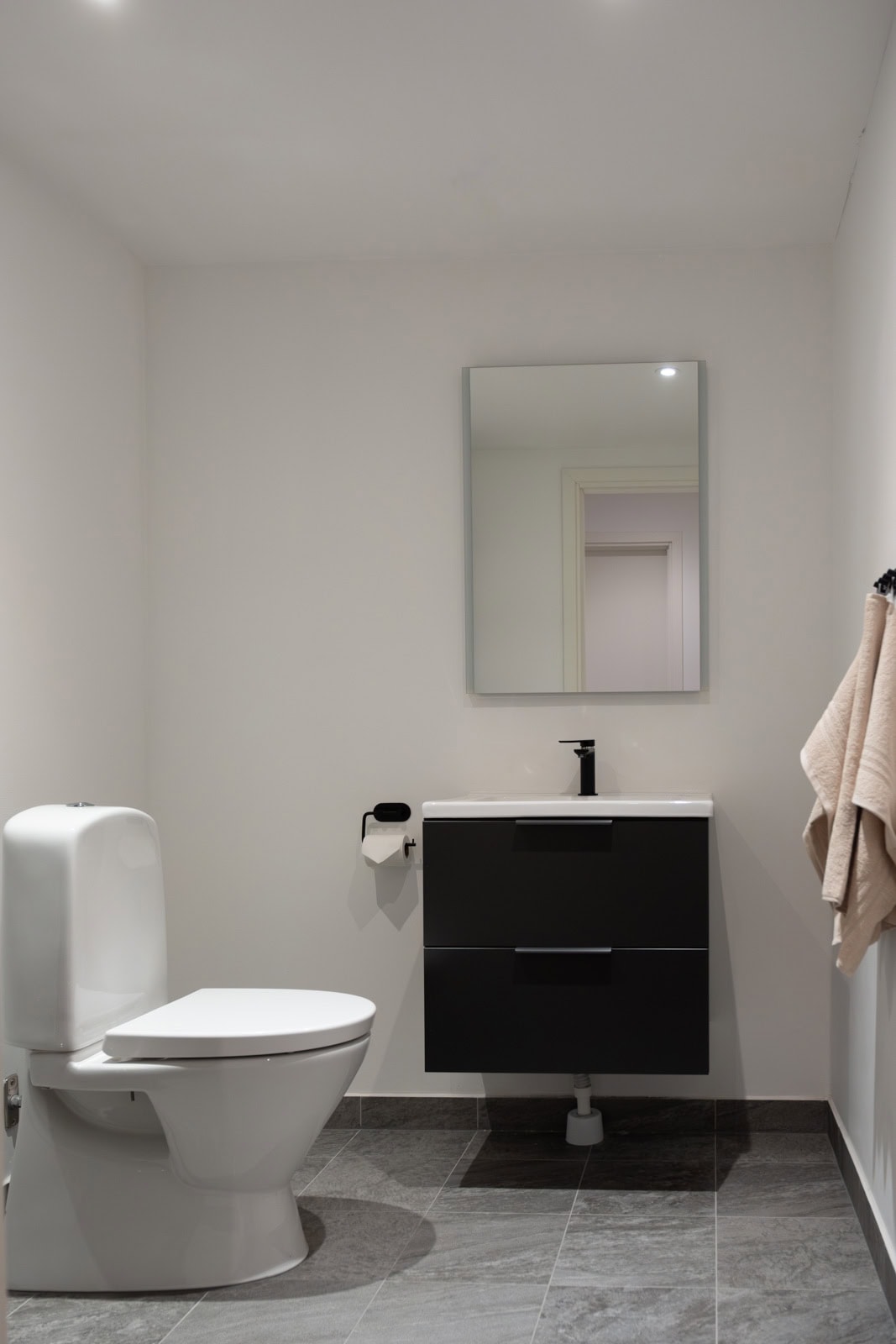 Guest toilet with a washbasin in a dark vanity unit and a mirror.