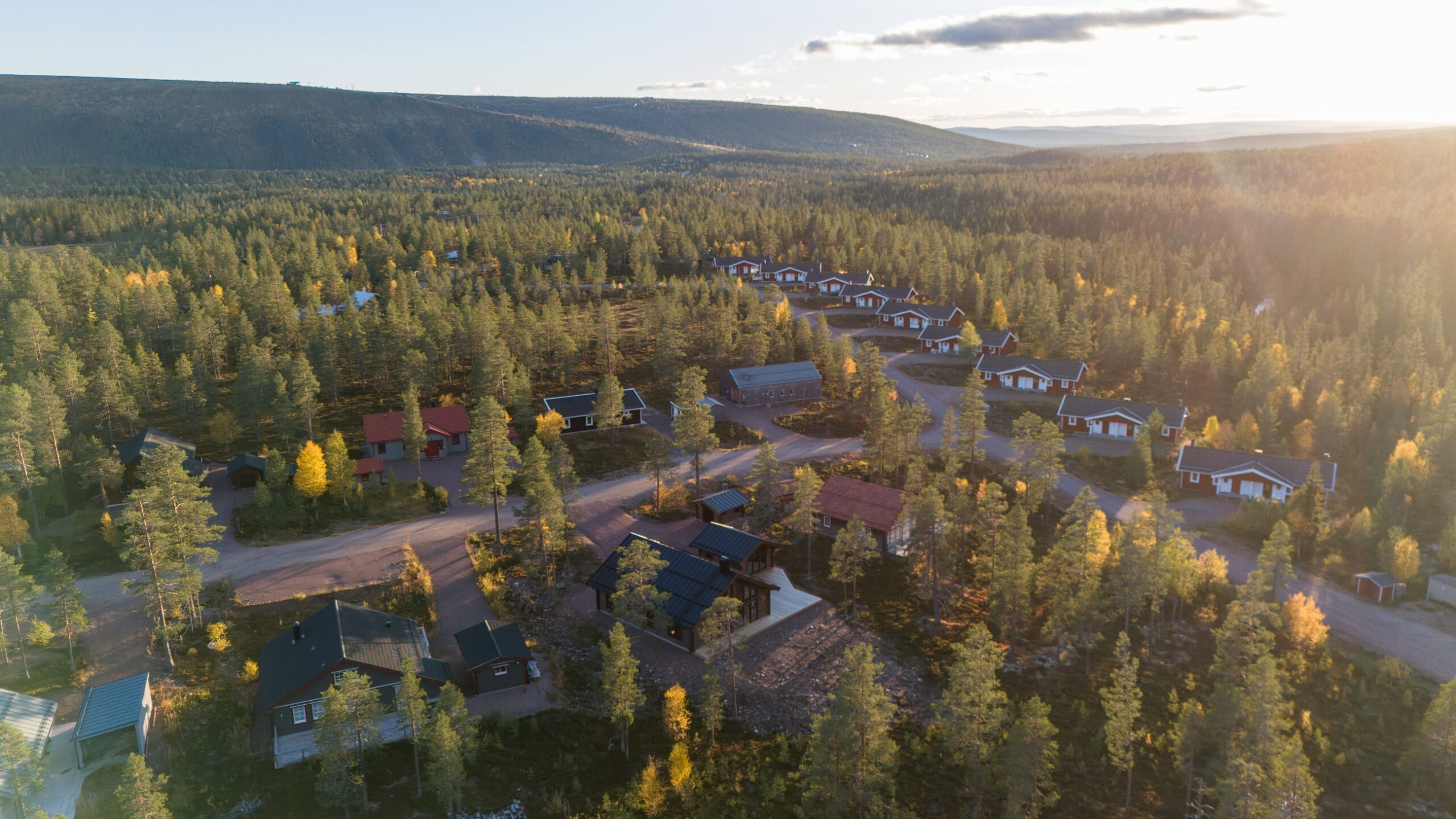 Aerial view of the holiday cottage area in autumn colours