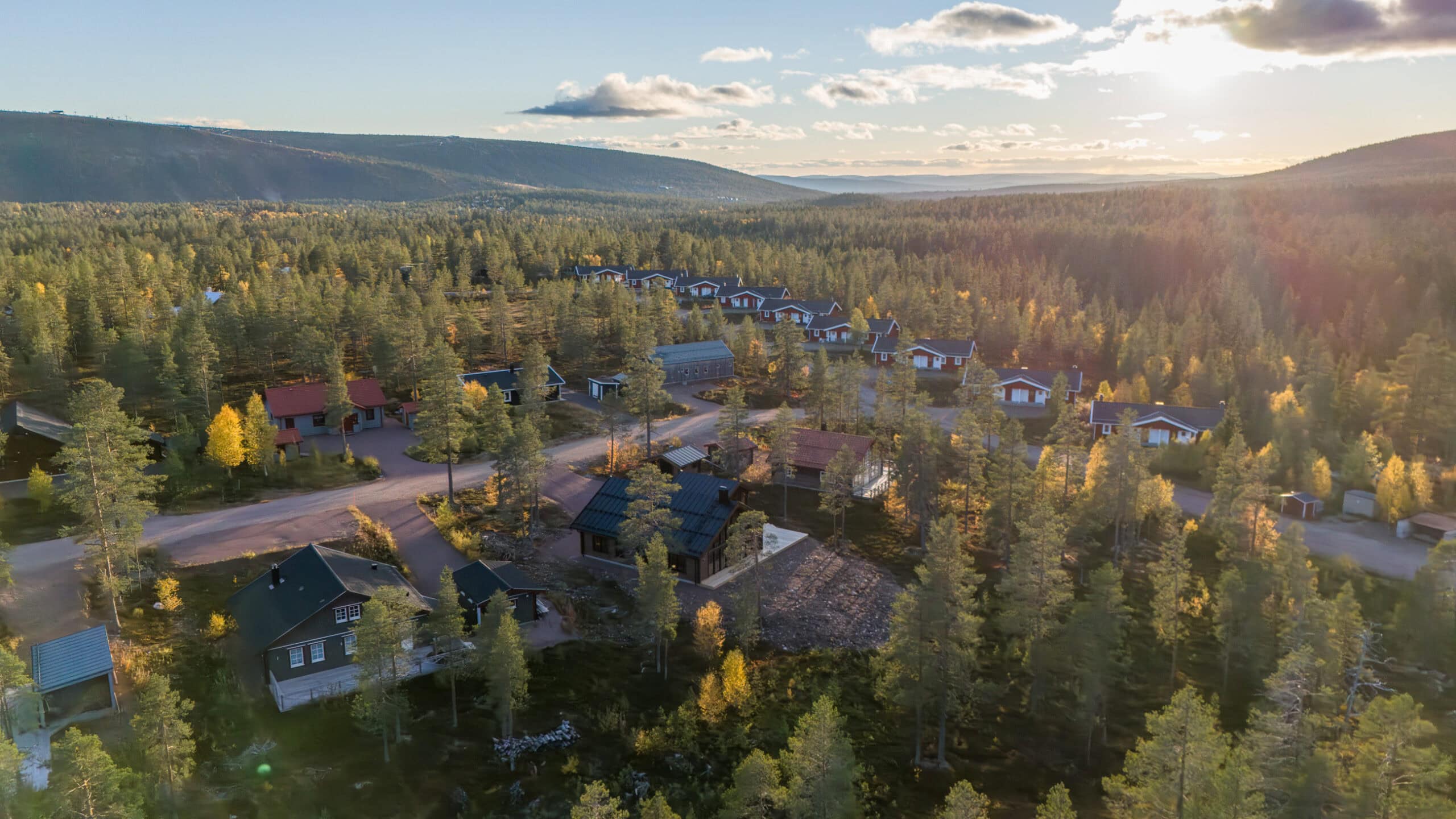 Aerial view of Tandådalen with the mountain in the background