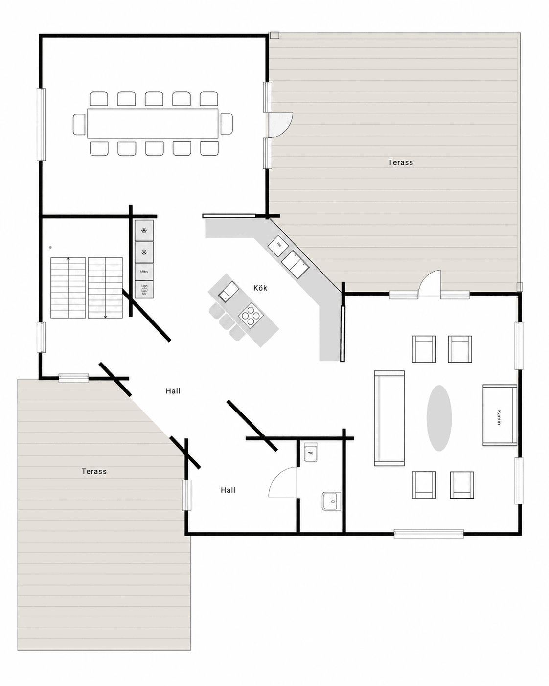 Planritning entréplan: matsal med långbord, kök med köksö, vardagsrum med kamin, hall, gästtoalett och två terrasser.