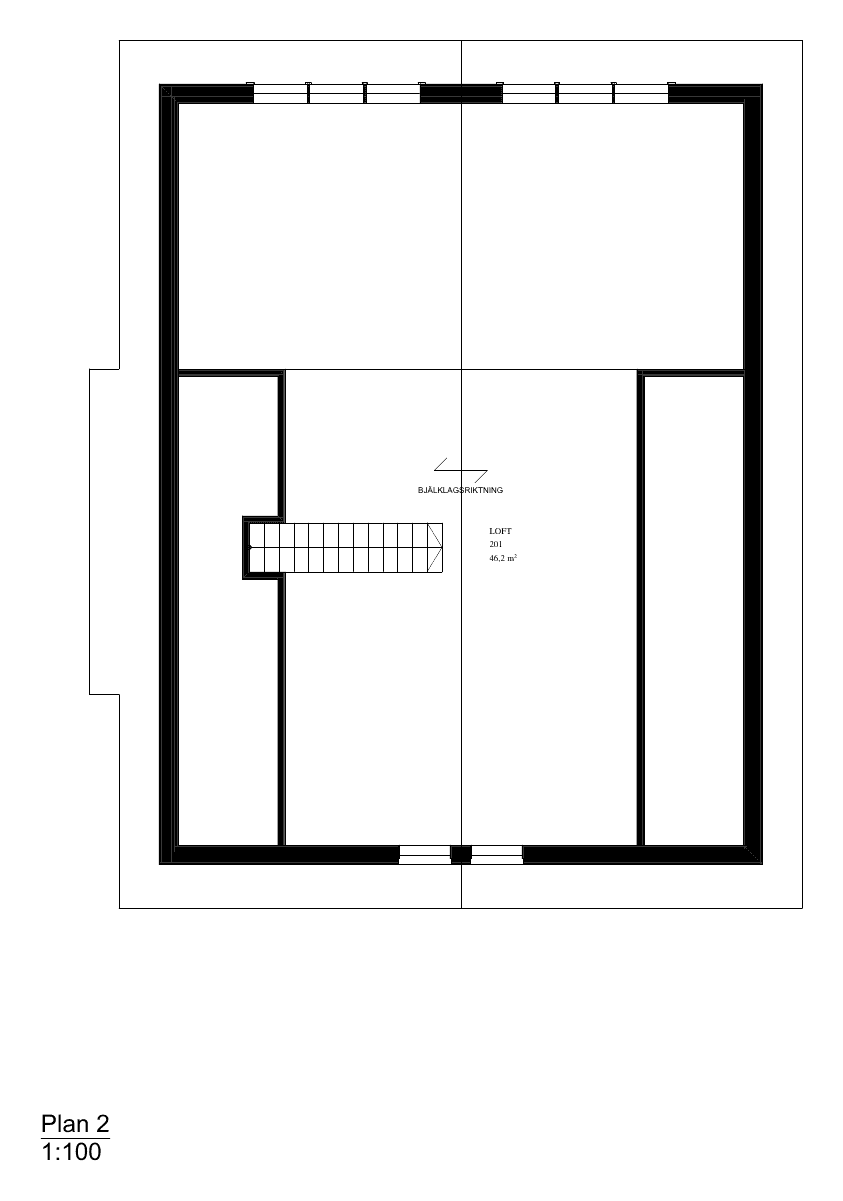 Planritning loft: öppen extravåning under takets sluttning med fönster i båda gavlarna.