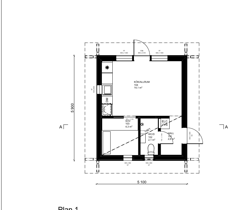 Planritning attefallshus: kök och allrum, sovrum, loft samt eget dusch- och badrum.